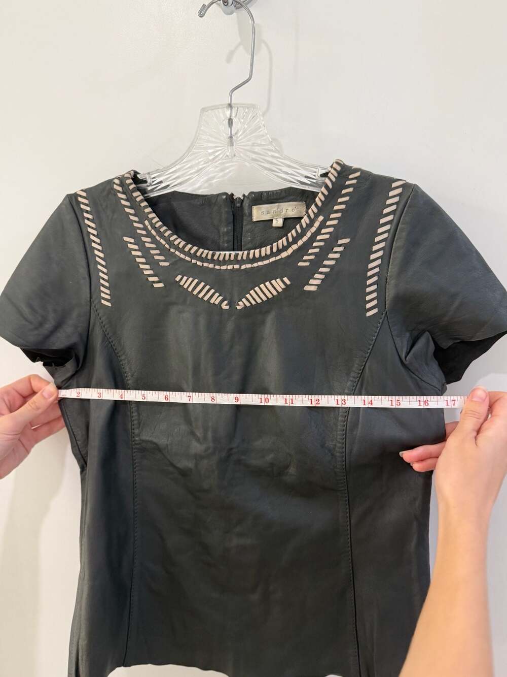 Sandro Paris Black Sheep Leather Cap Sleeve Top with Whipstitch Detail - Picture 6 of 7